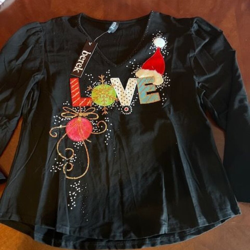 Berek Long Sleeve Black Holiday Top Sequin‎ Love Design Santa Hat Embellishment